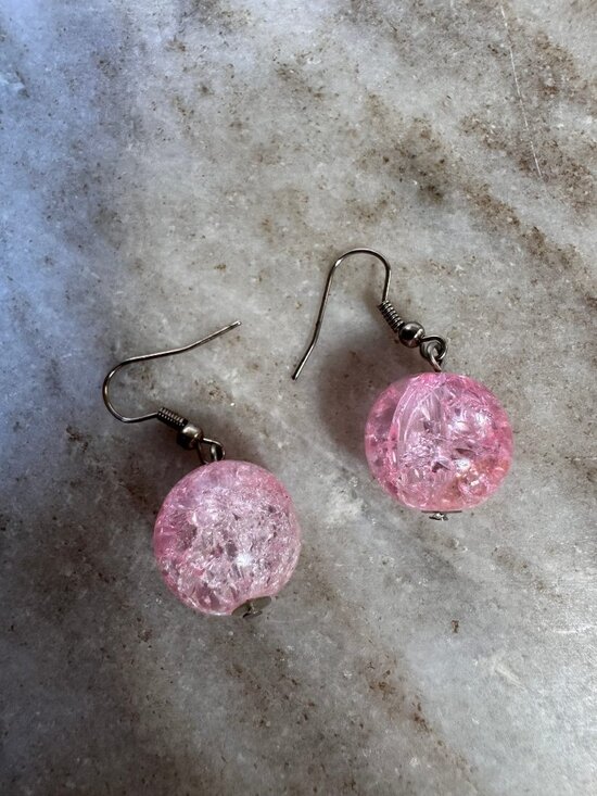 Unbranded Jewelry - Pink Crackle Bead Drop Dangle Earrings Sparkly Silver Tone Fish Hook Handmade